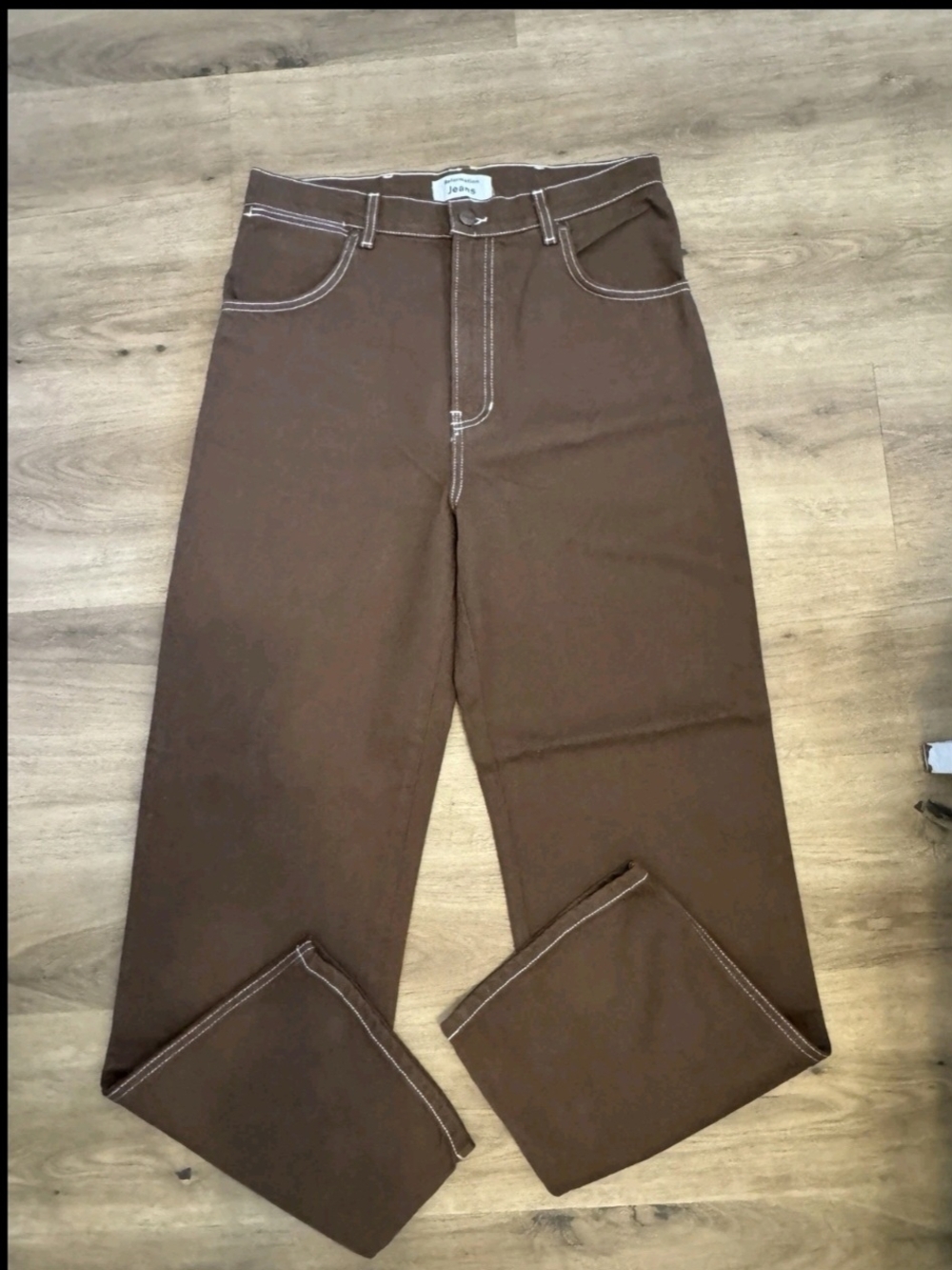 Reformation High-Rise Straight Leg Jeans in Brown with White Contrast Stitching